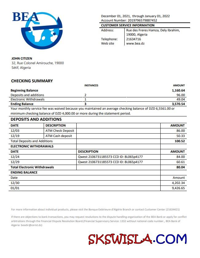 Wyciąg z rachunku bankowego algierskiego banku za granicą, w pełni edytowalny szablon